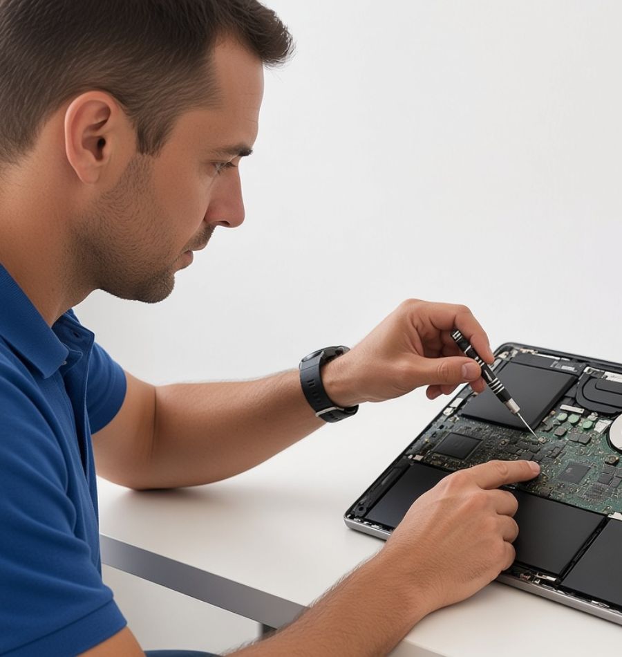 Technicien de l'atelier Informatique Hyères en train de réparer un ordinateur portable